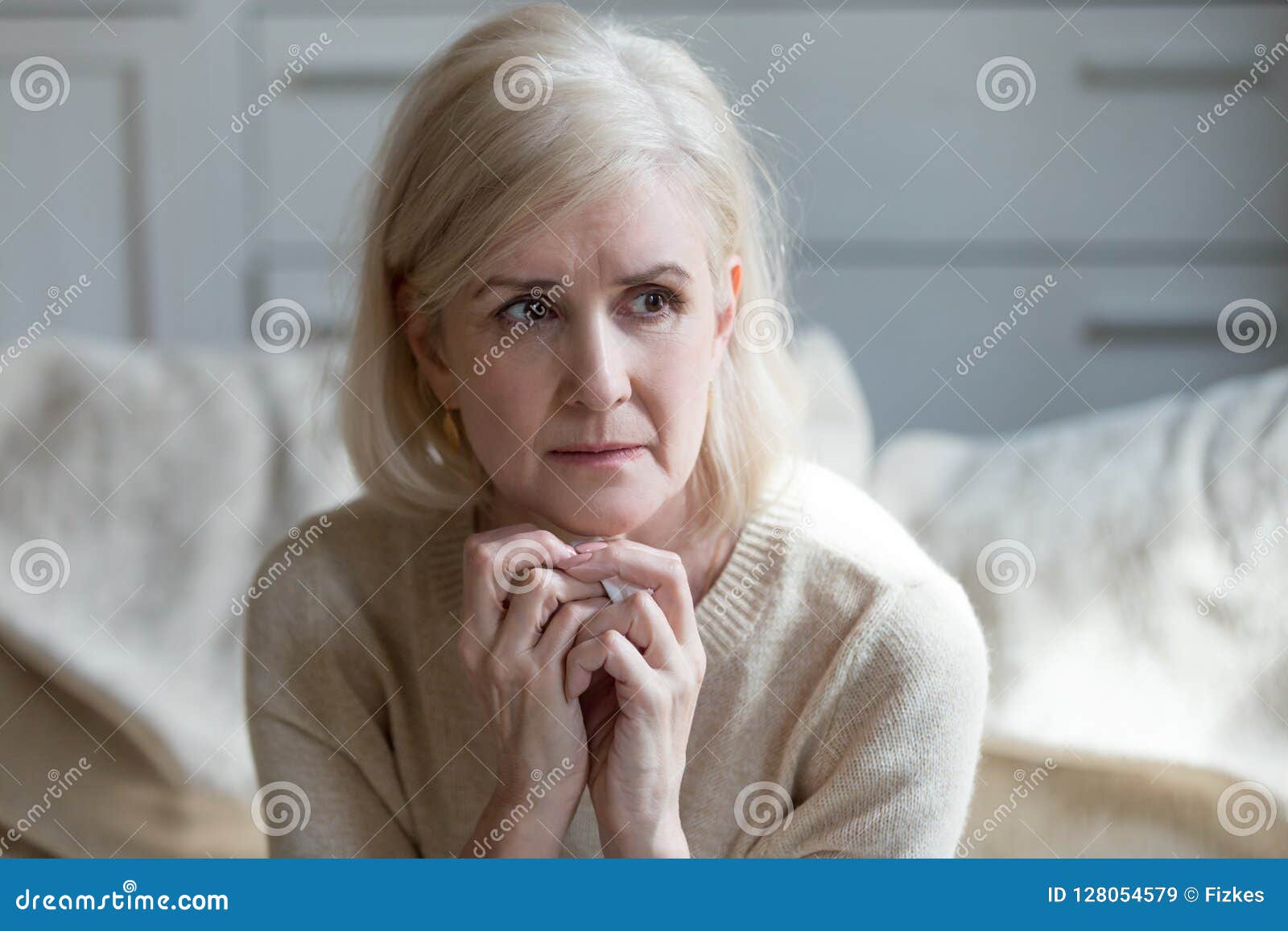 Thoughtful Upset Mature Lady Crying Thinking Of Loneliness Or Gr Stock