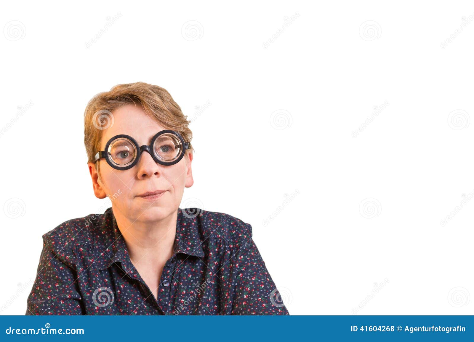 Thoughtful Woman with Thick Glasses Stock Photo Image of glasses