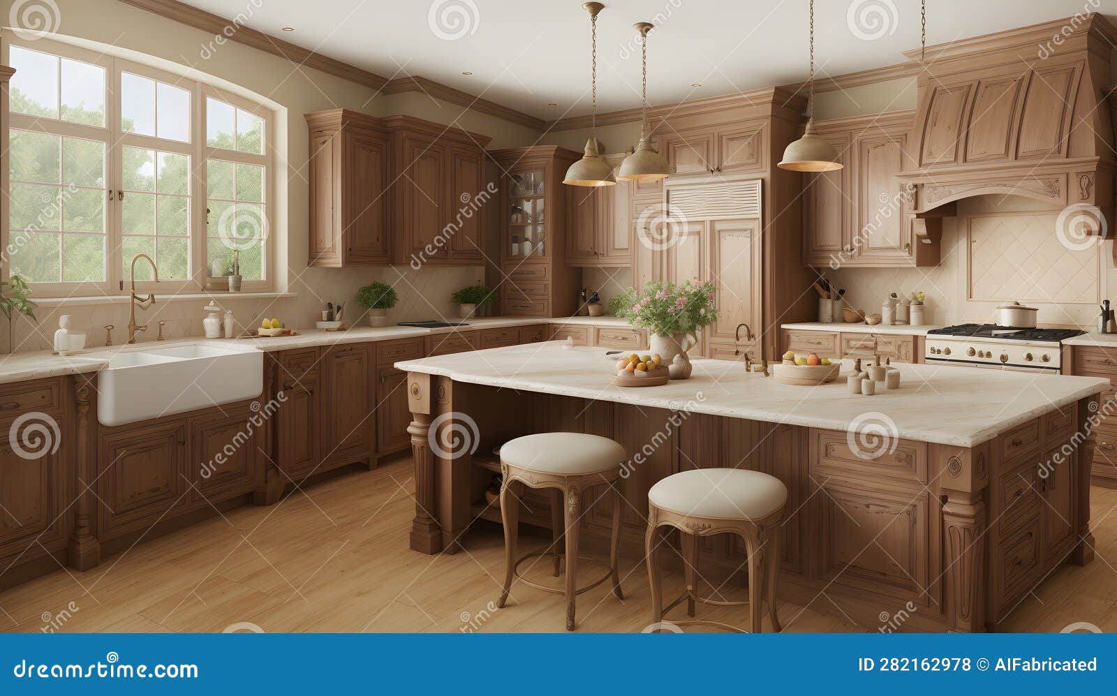 A Thoughtfully Composed Kitchen with a Center Island and a Sink AI