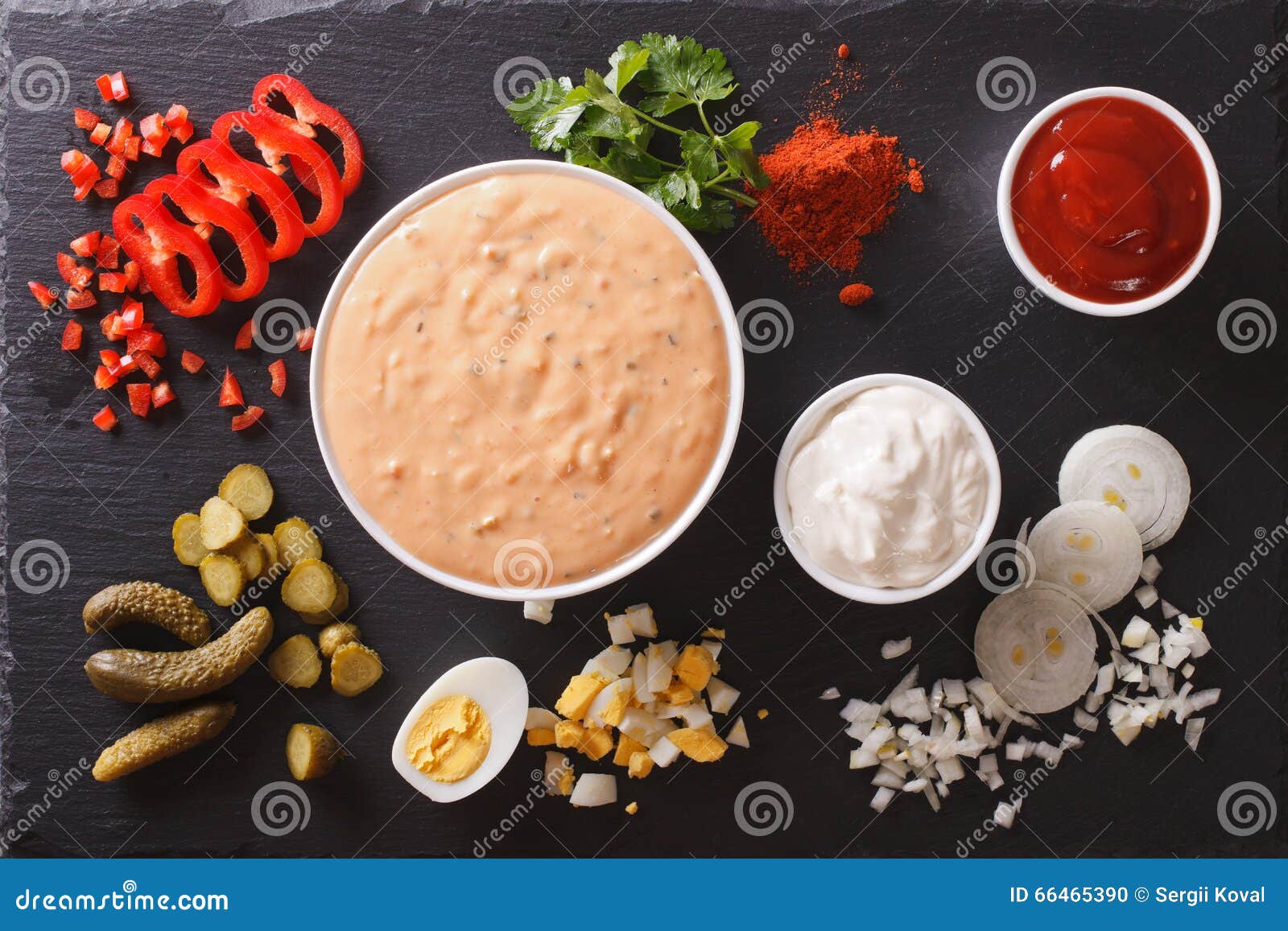 Thousand Island Dressing with Ingredients. Horizontal Top View Stock
