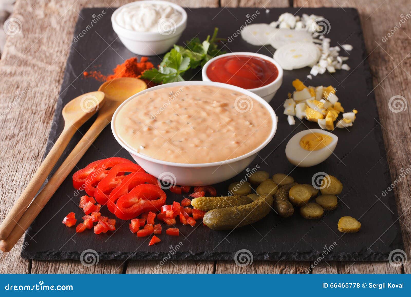 Thousand Island Dressing with Ingredients on the Slate Board Stock
