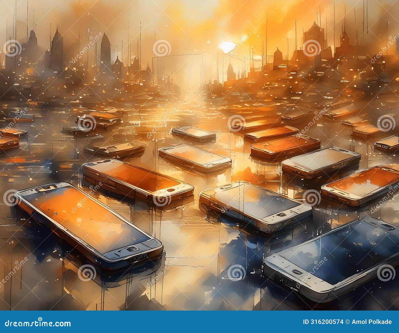 thousand of mobiles on water abstract watercolor hand painted background, di