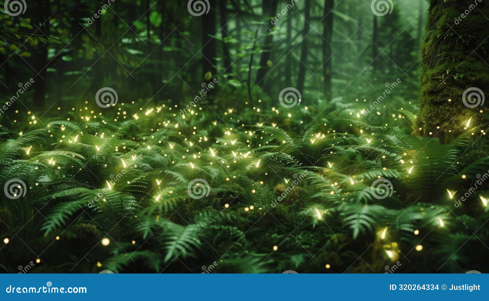 thousands of tiny glowing orbs tered across the forest like stars fallen from the sky and nestled in the moss and ferns