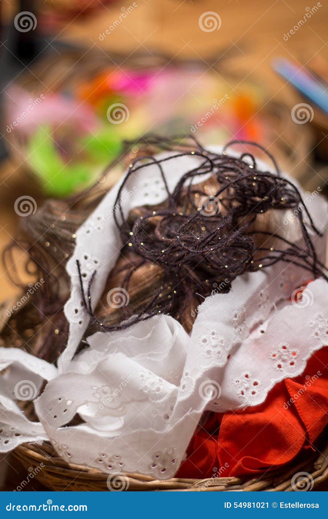 Thread, lace and ribbon stock image. Image of brown, craft 54981021
