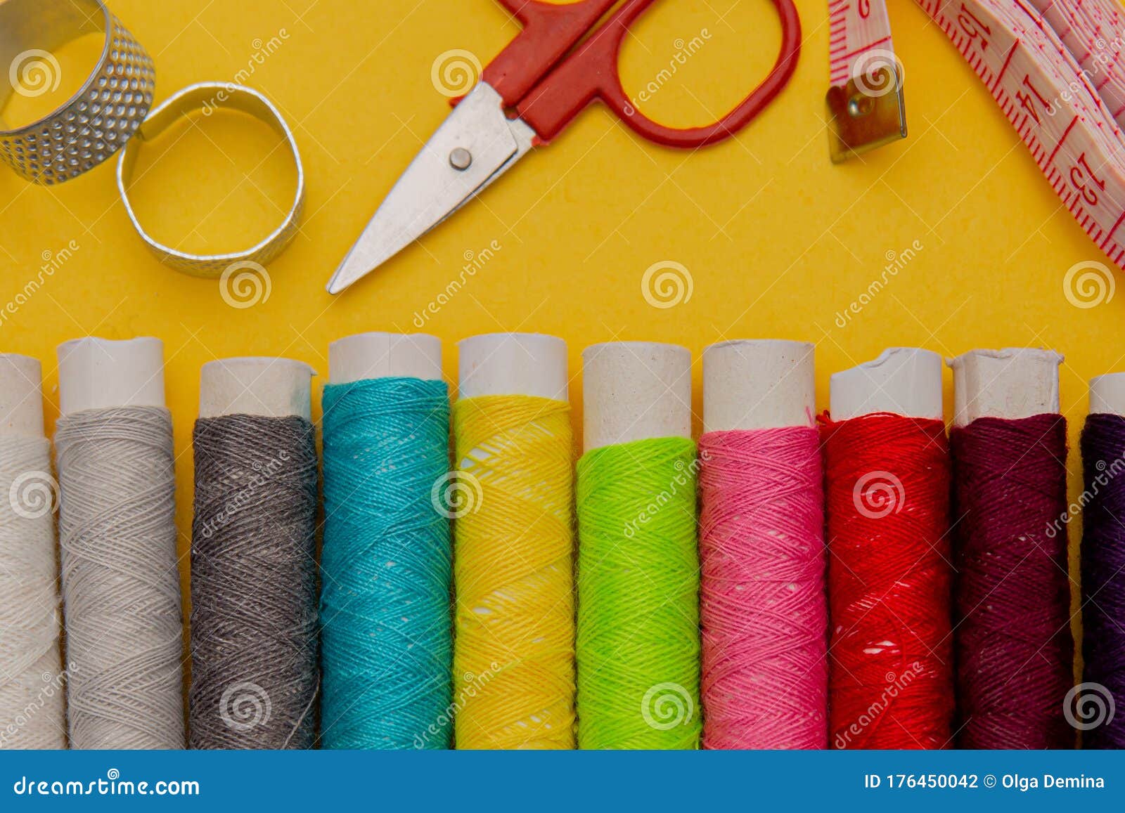 Thread, Needles, Scissors and Meter on Yellow Background. Tailoring Set ...