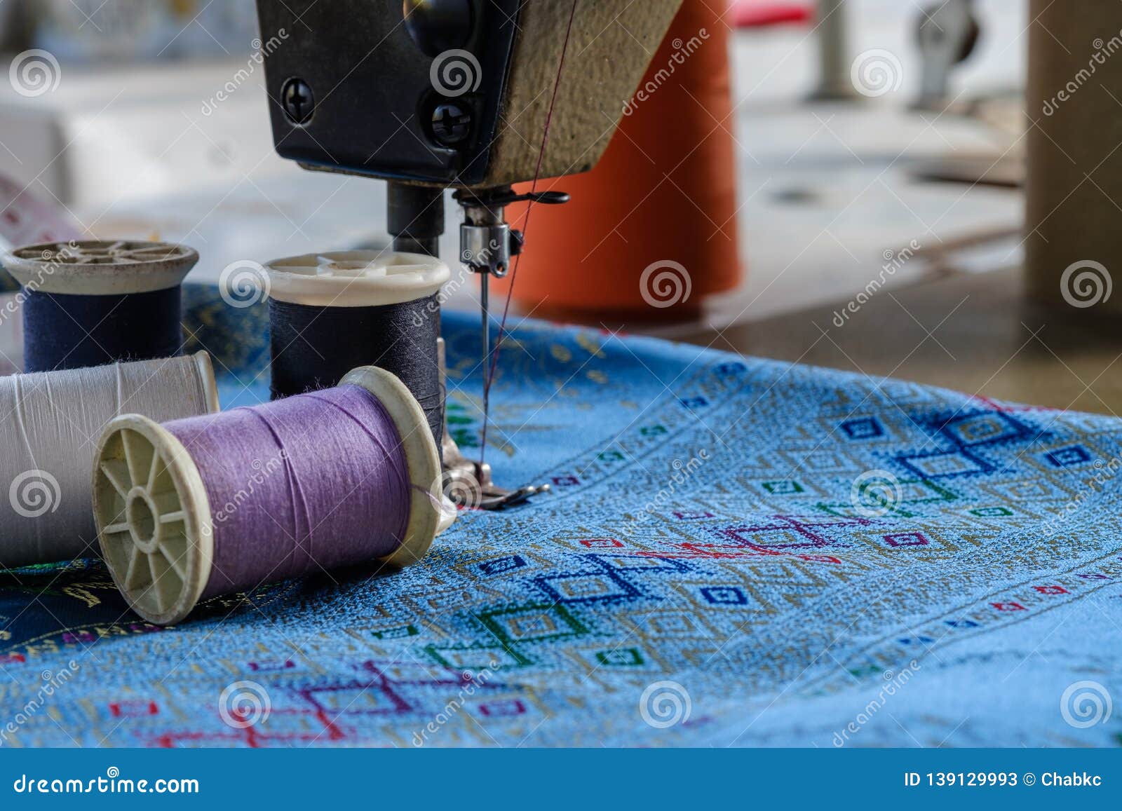 Thread Sewing Equipment on Fabric Cotton Stock Image Image of crafts
