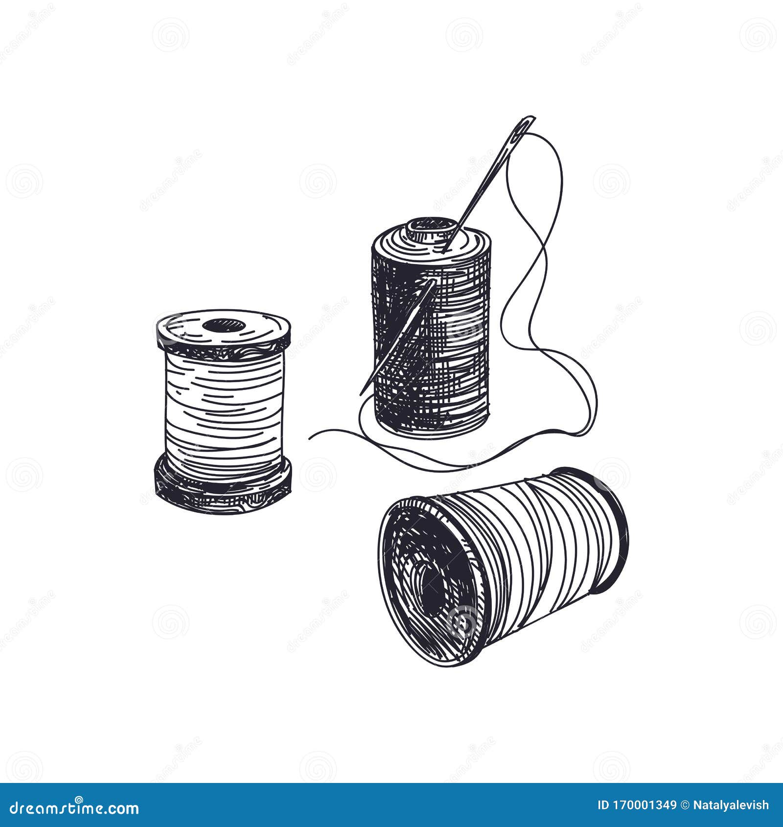 Thread Spools with Needles Hand Drawn Vector Illustration Stock Vector ...