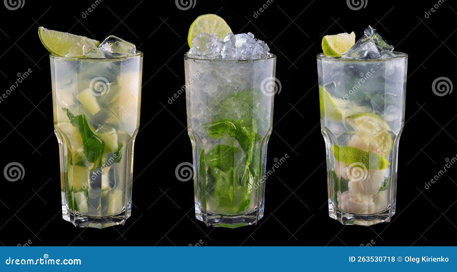 Alcoholic Cocktails with Mint and Lime. Isolated on Black Stock Photo
