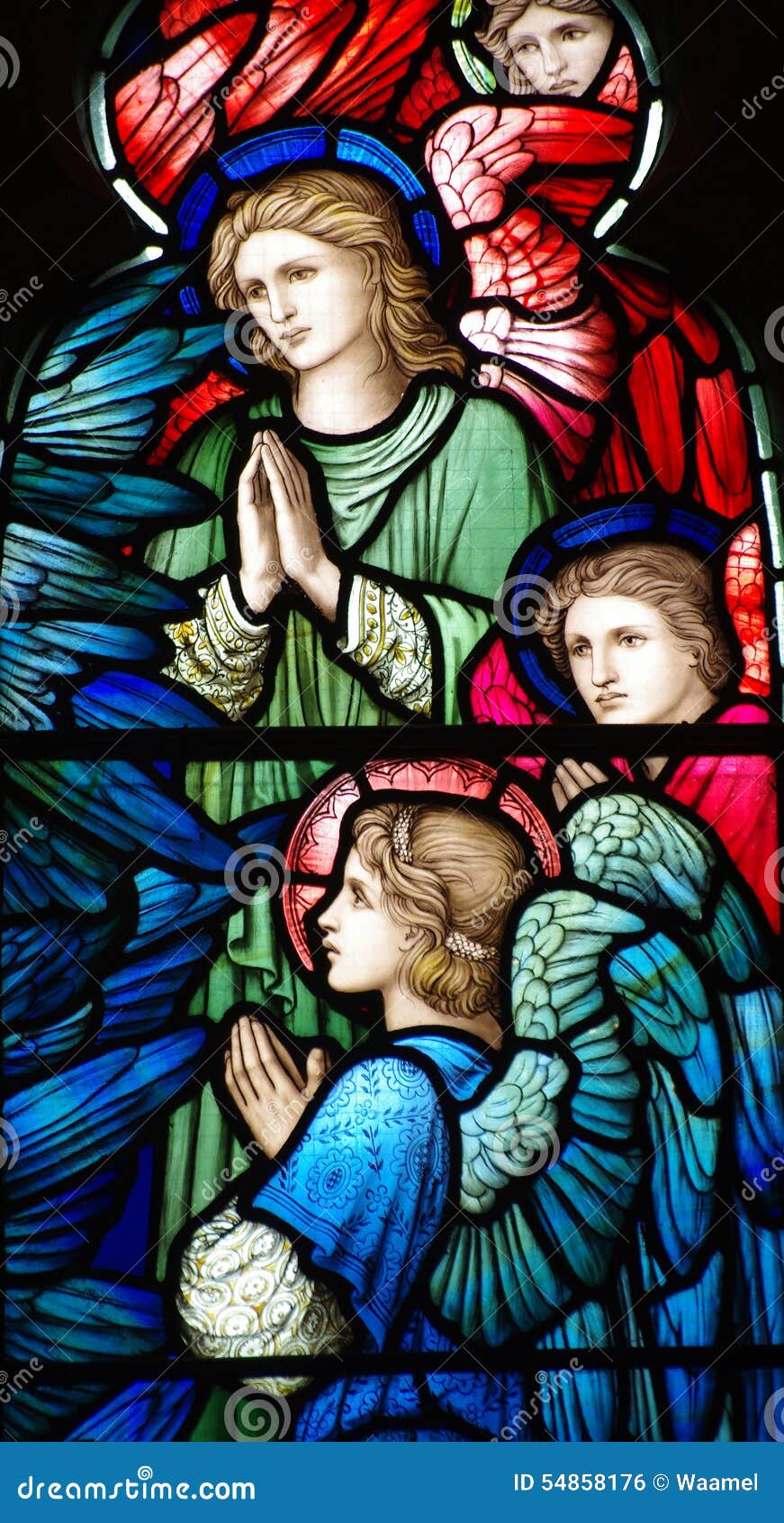 three angels (praying) in stained glass