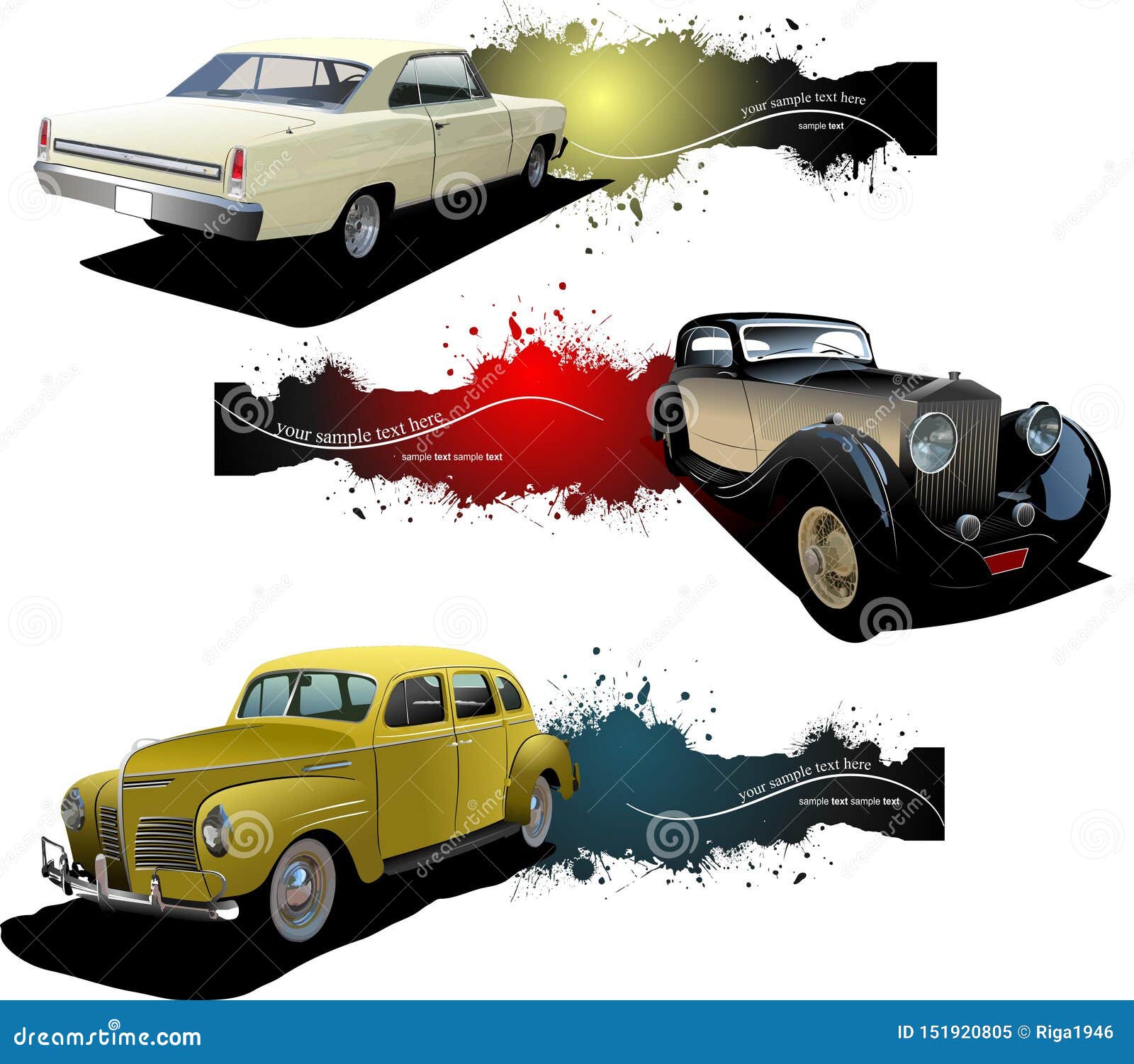 Three Banners with Old Car. Stock Vector Illustration of isolated