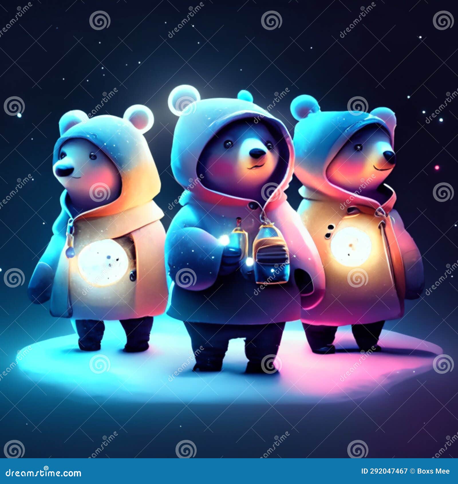 Three Bears with Lanterns in the Night Forest. Vector Illustration