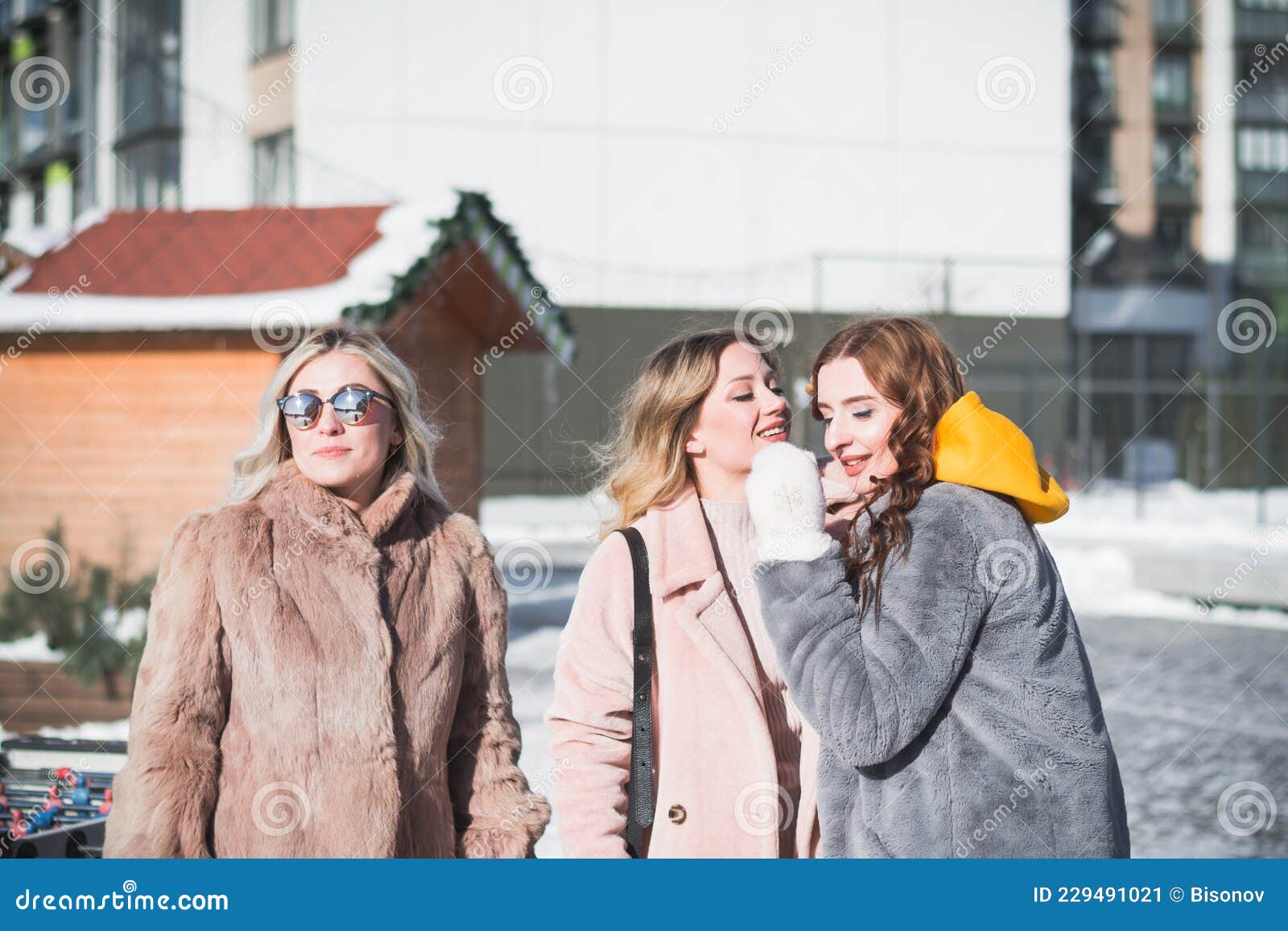 Three Beautiful Russian Girls Are Having Fun On The Street Stock Image Image Of Happy