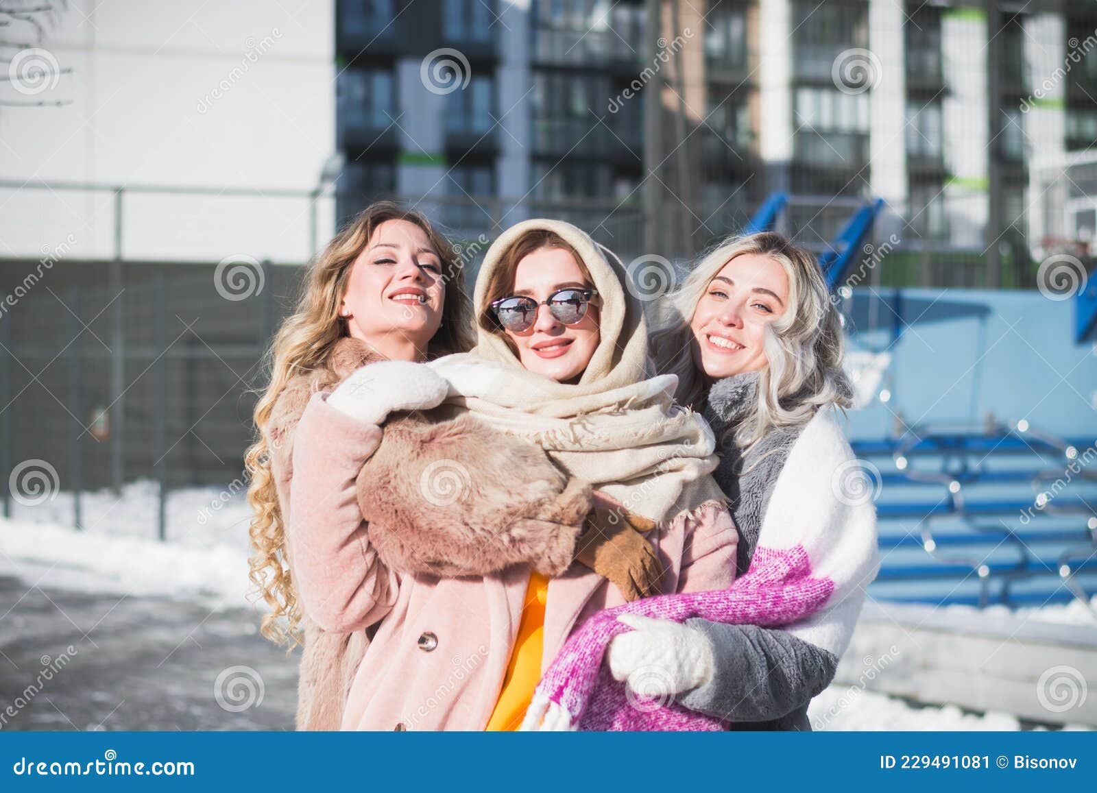 Three Beautiful Russian Girls Are Having Fun On The Street Stock Image Image Of Embracing