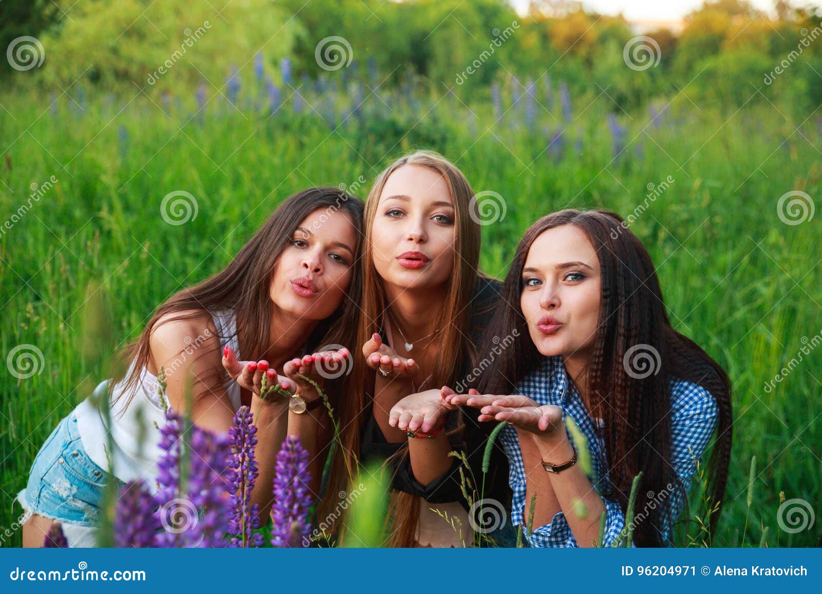 Three Beautiful Young Happy Girls Best Friends Send an Air Kiss ...