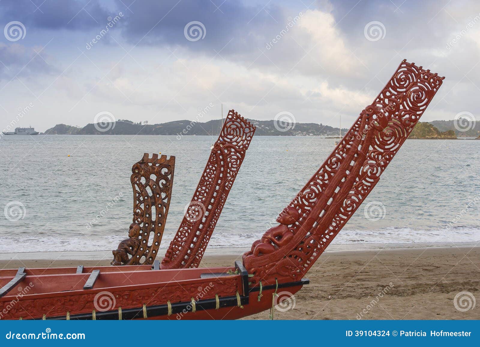 Three Beautifully Wooden Carved Maori Boats Stock Photo 