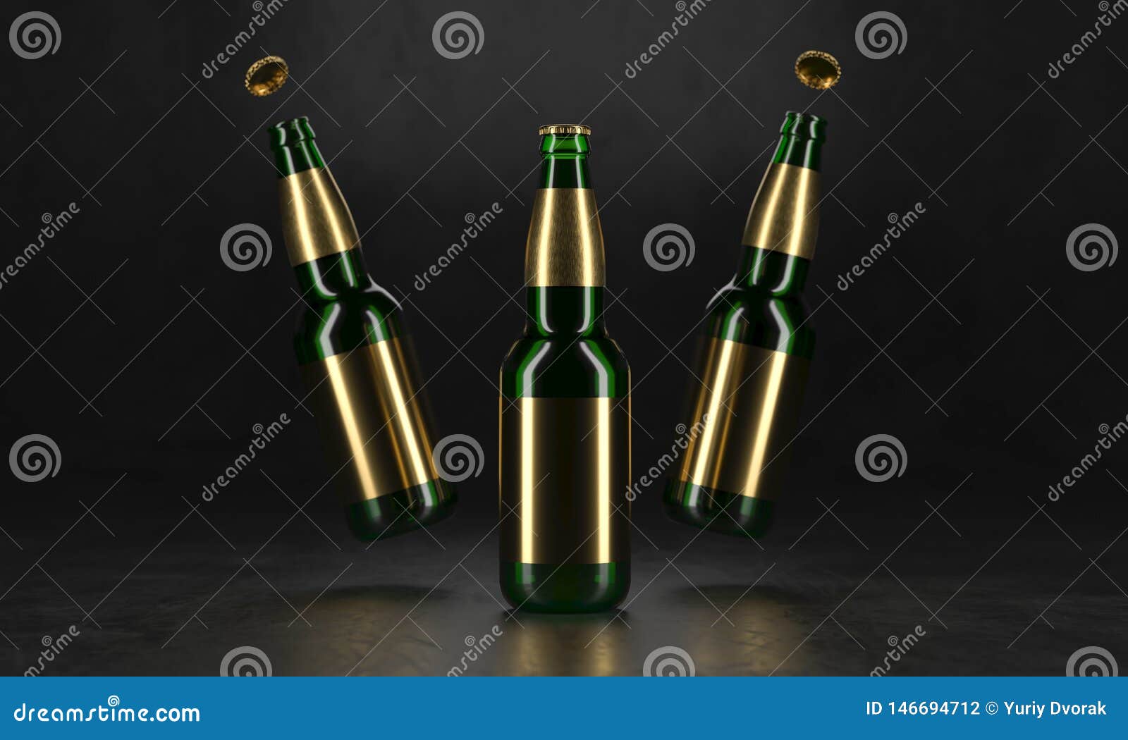 three beer bottles standing on a rustic black table. beer mock up. wet beer bottles withgolden labels and water drops