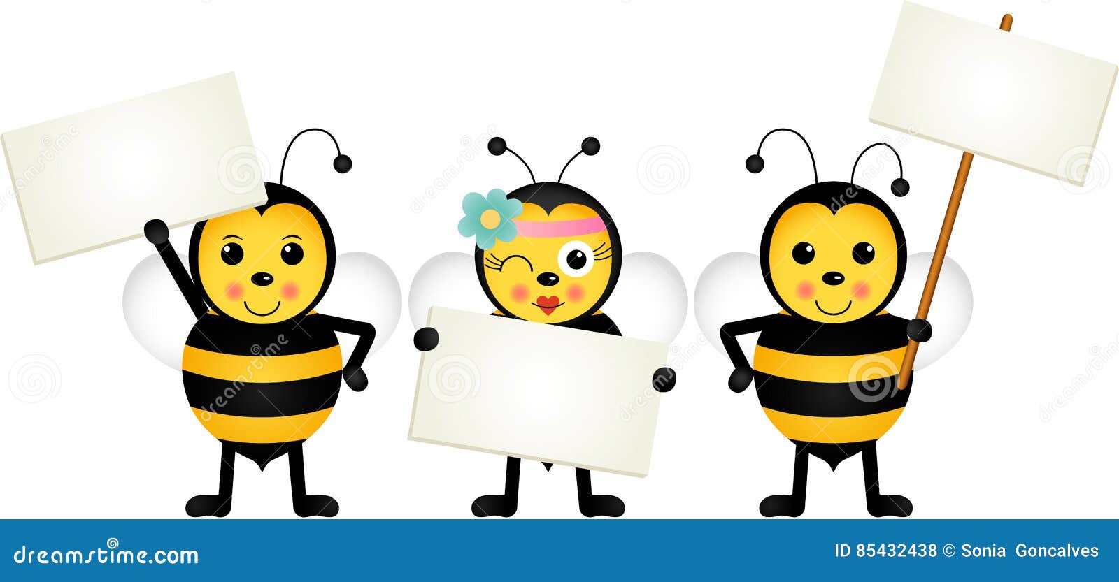 Three Bees Holding Blank Signboards Stock Vector Illustration of