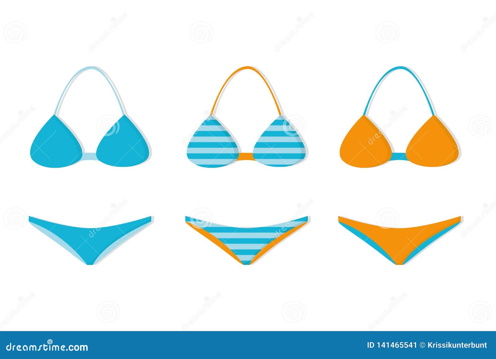 Three Bikinis Blue and Orange with Different Patterns Stock Vector
