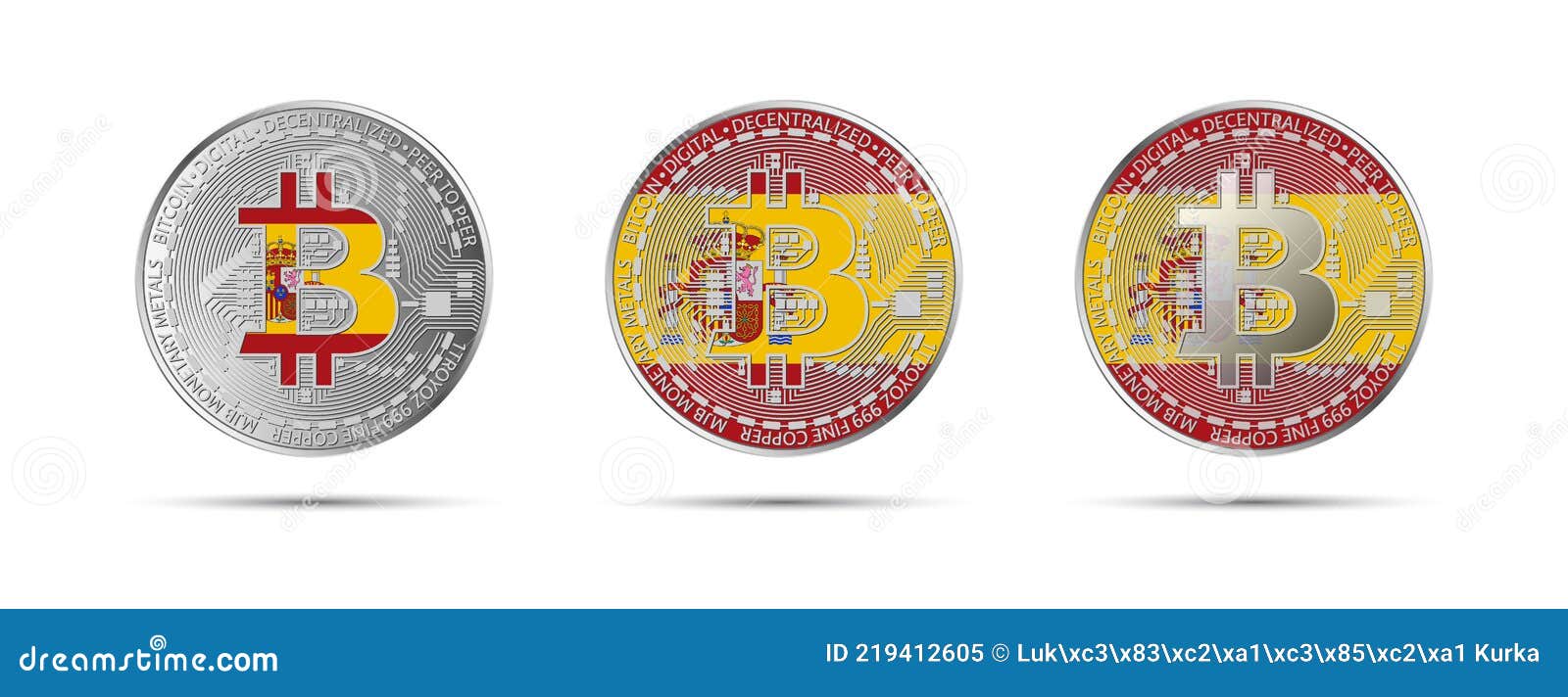 Three Bitcoin Crypto Coins with the Flag of Spain. Money of the Future  Stock Vector - Illustration of background, commerce: 219412605