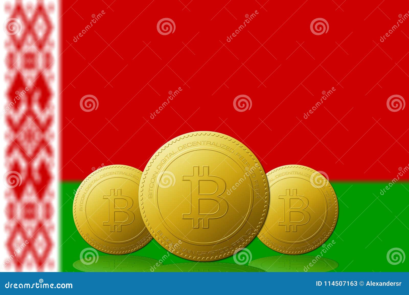 three bitcoins cryptocurrency with bielorrusia flag on background