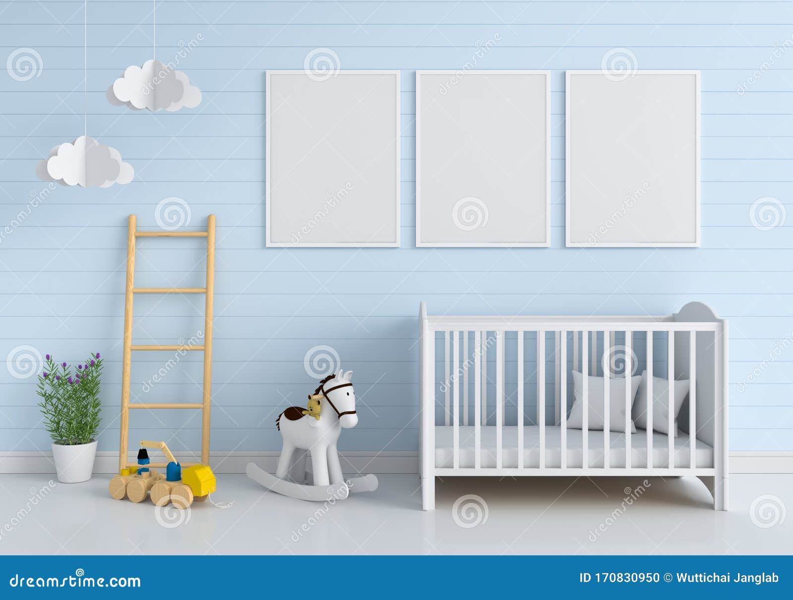 Three Blank Photo Frame for Mockup in Child Room Stock Illustration