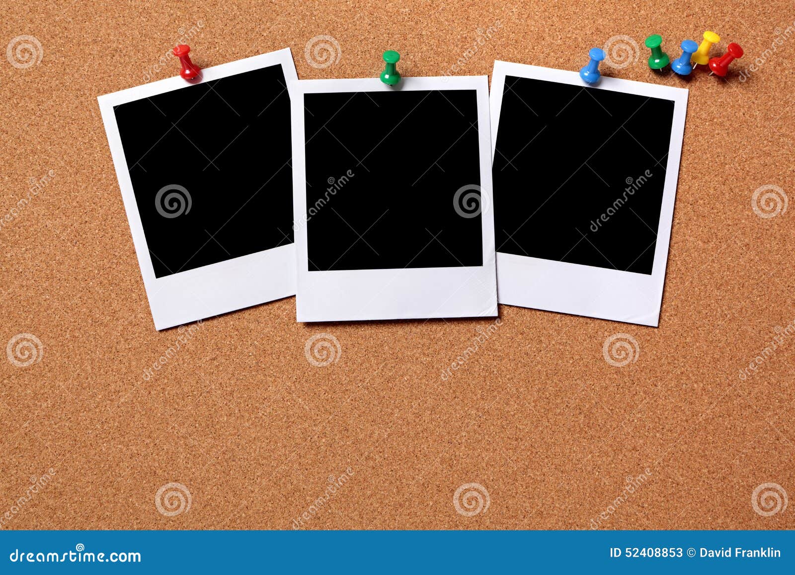 three blank polaroid frame photo print pushpin cork background