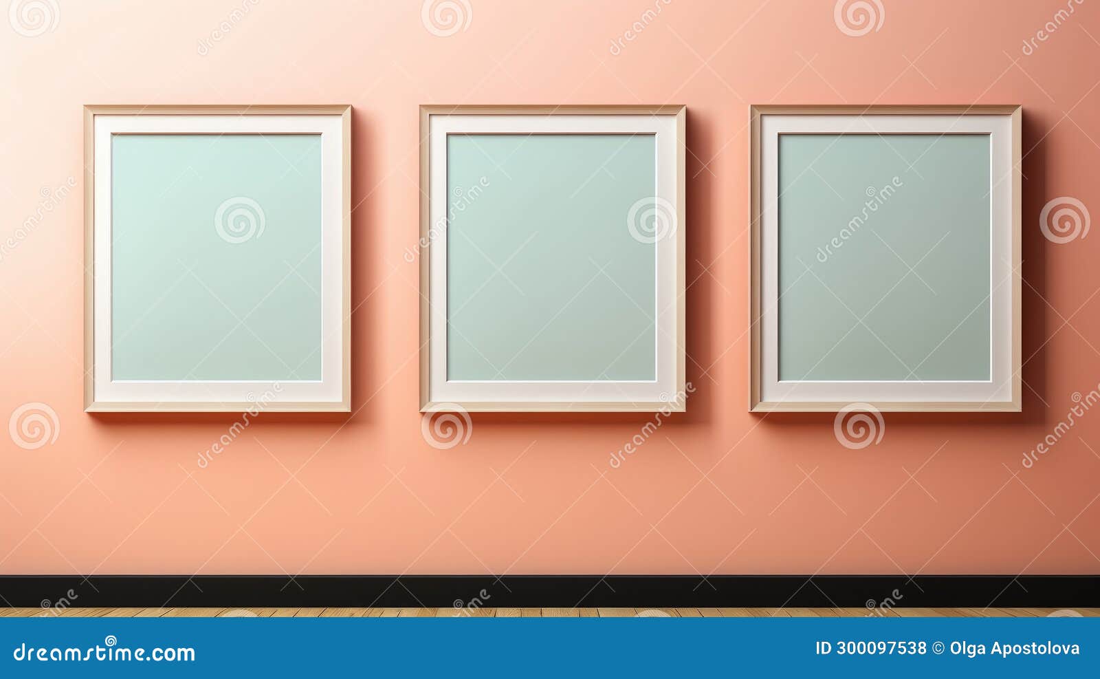 Three Blank Picture Frames on Pink Wall. Peach Fuzz Color Stock