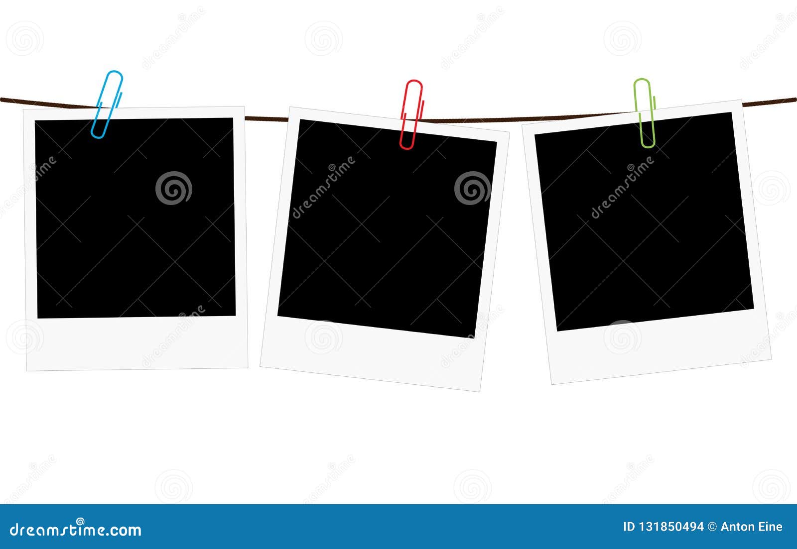 Three Polaroid Pictures Hanging On A Clothesline With Pins Stock