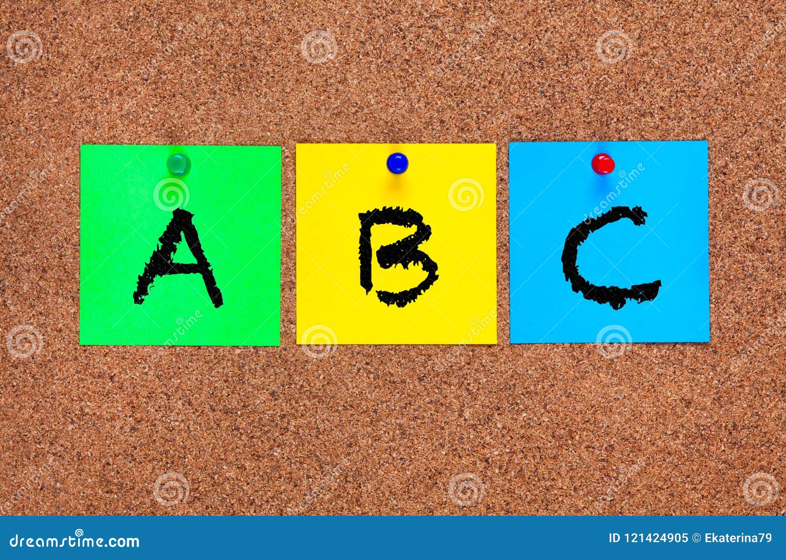 Three Blanks Postit Notes on Cork Board with Letters ABC. Stock Image