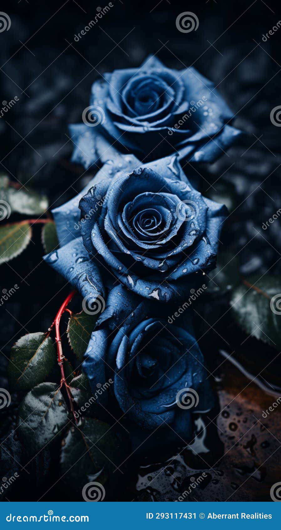 Three Blue Roses on a Black Background Stock Illustration