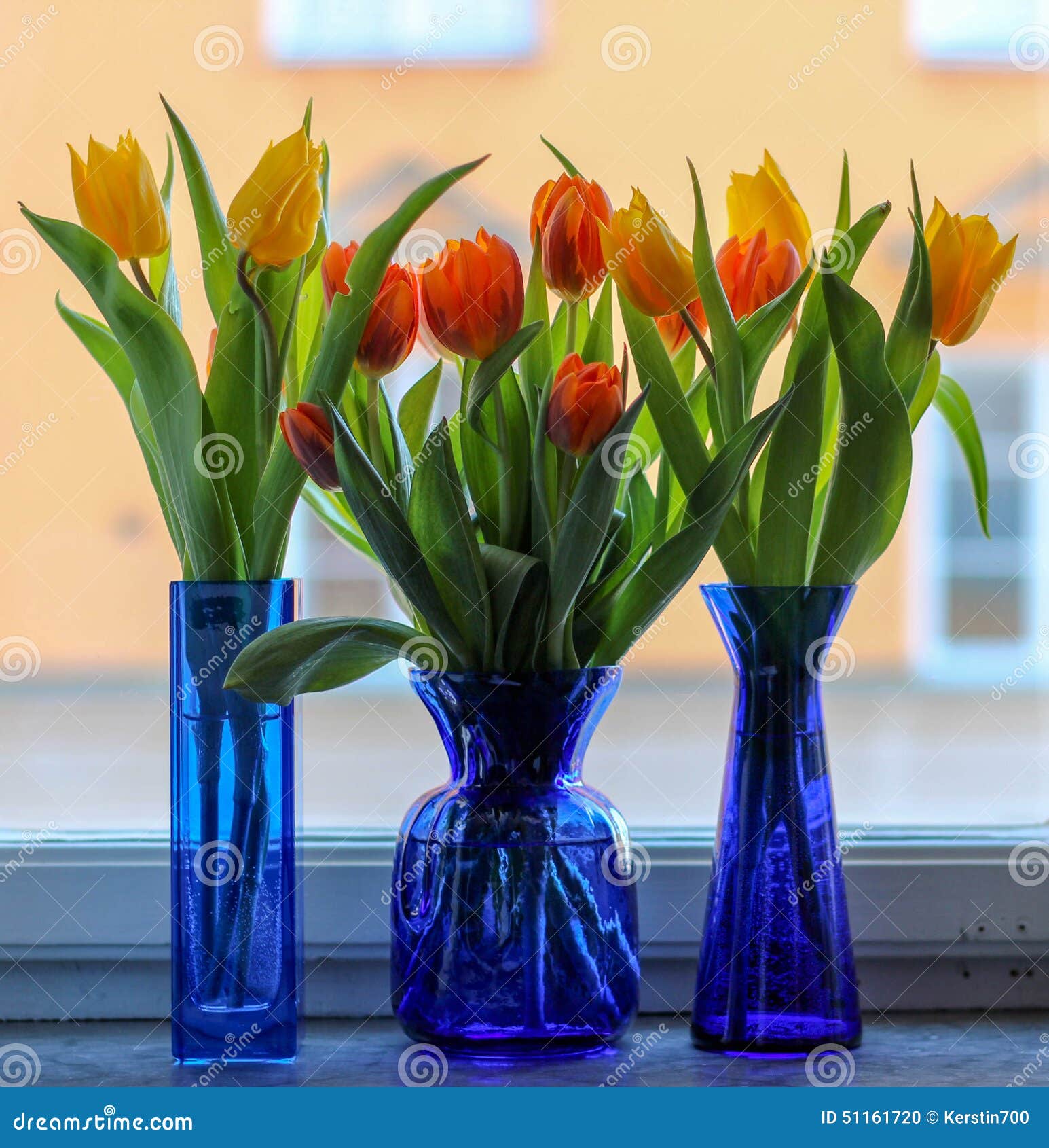 Three Blue Vases with Tulips in a Windowsill Stock Photo Image of