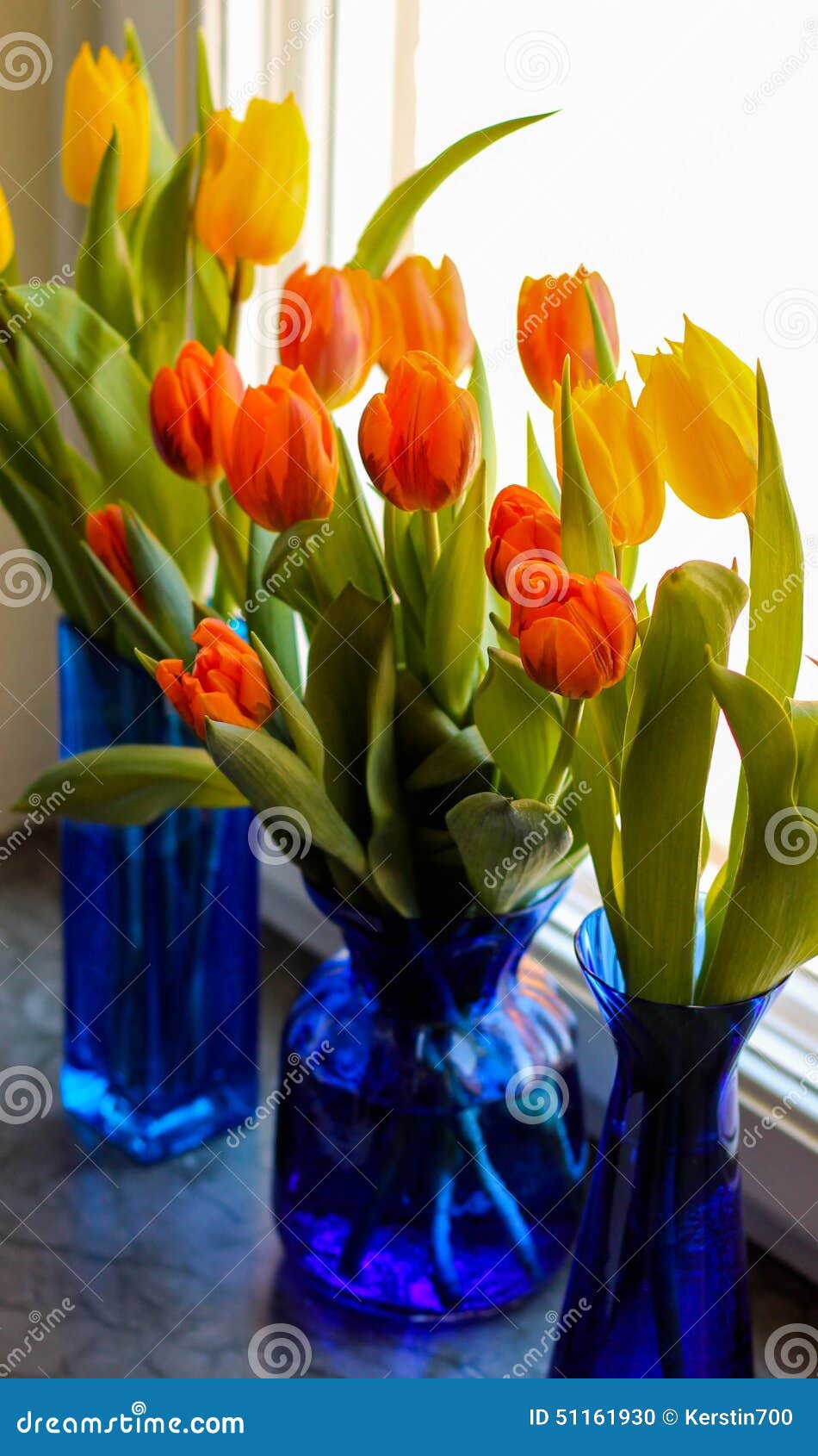 Three Blue Vases with Tulips in a Windowsill Stock Photo Image of