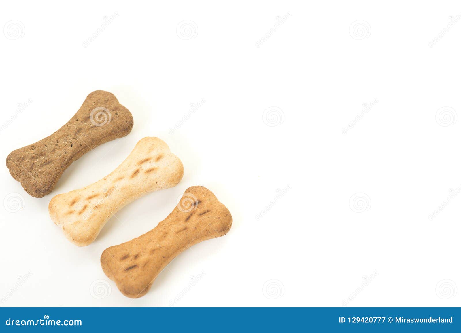 Three Bone Shaped Dog Treats on a White Background with Copy Spa Stock