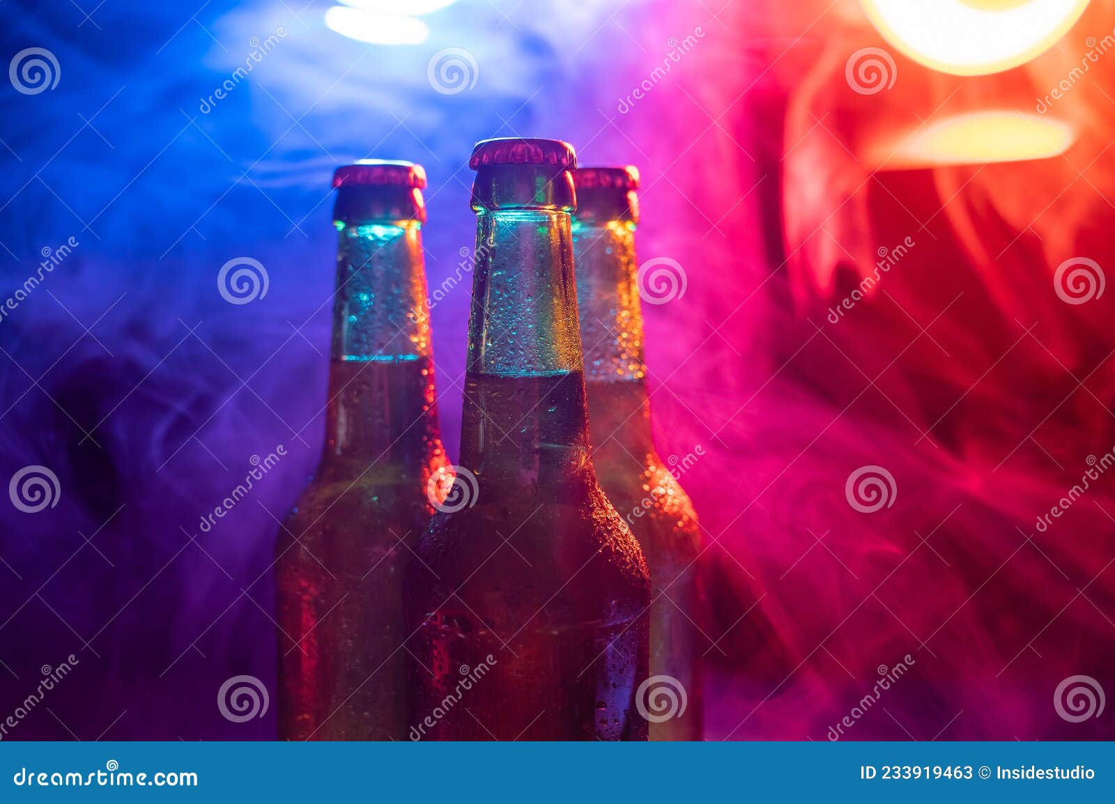 Three Bottles of Beer in a Bluepink Mist. Stock Image Image of object, party 233919463