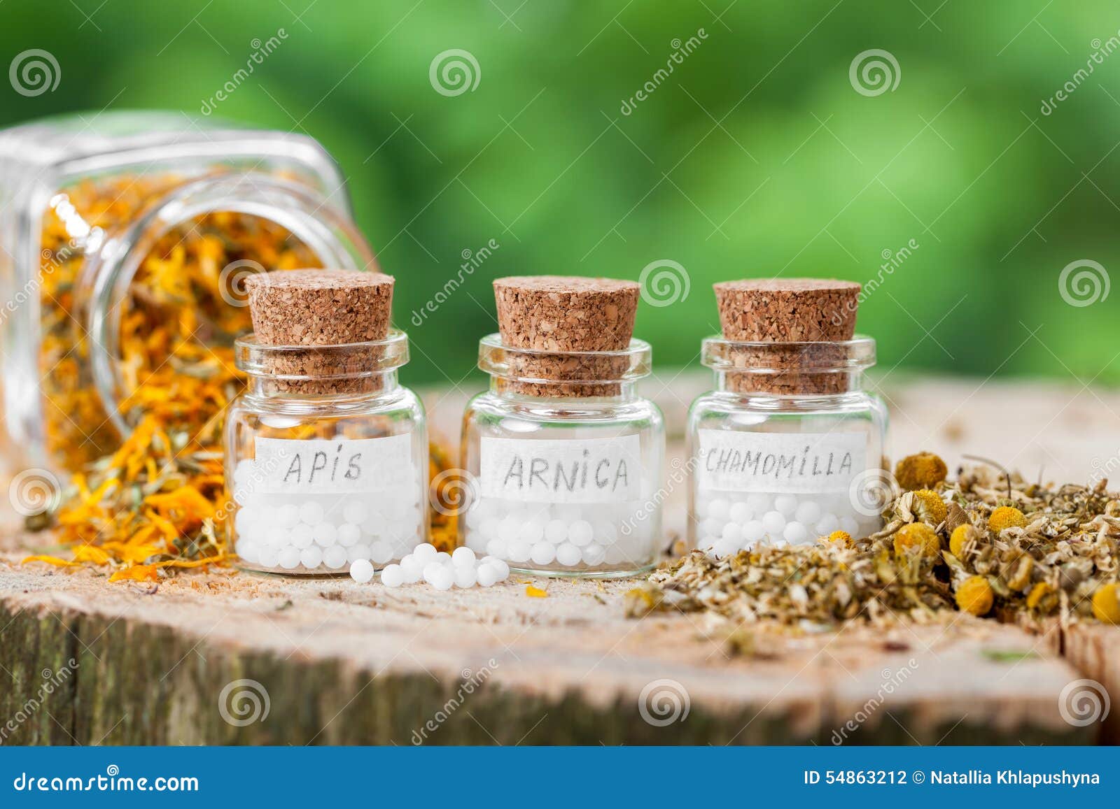 three bottles of homeopathy globules and healthy herbs.