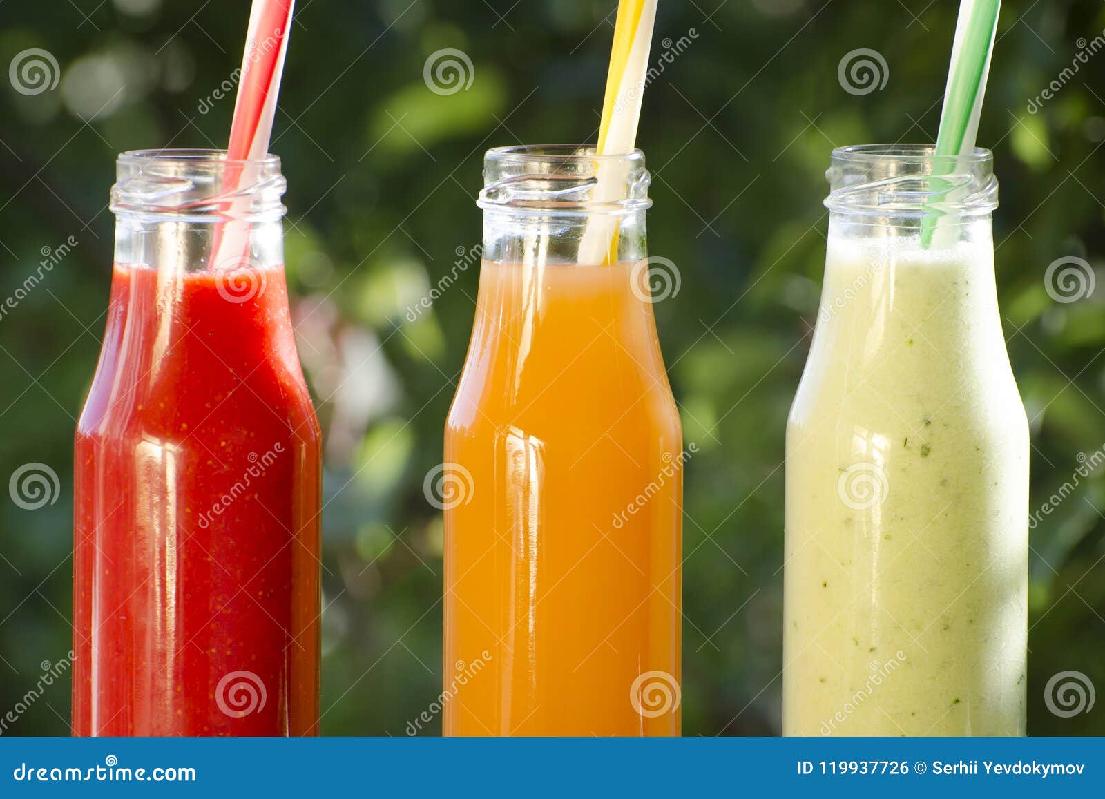 Three Bottles of Juice with Straws on a Background of Greenery, Stock