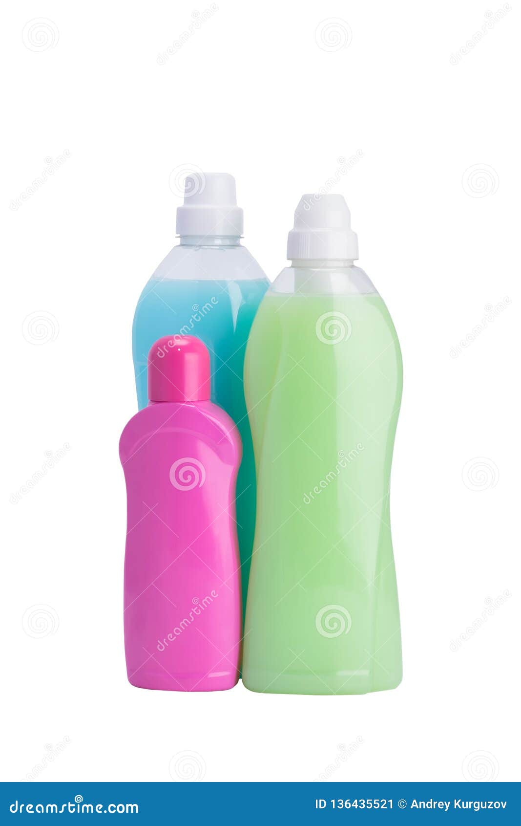 three bottles with washing liquid  on white