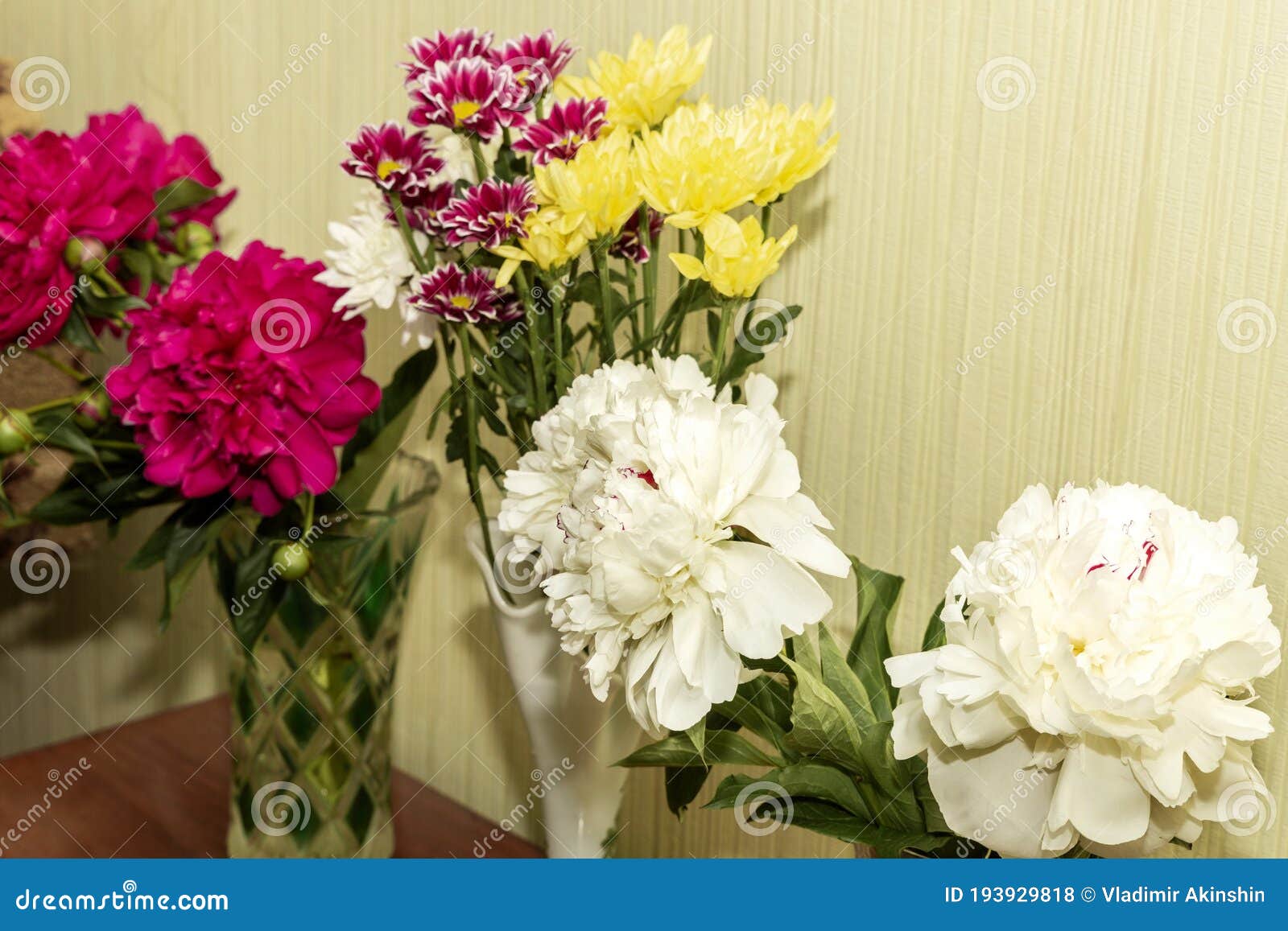 Three Bouquets with Peonies and Chrysanthemums in Glass Vases Stand