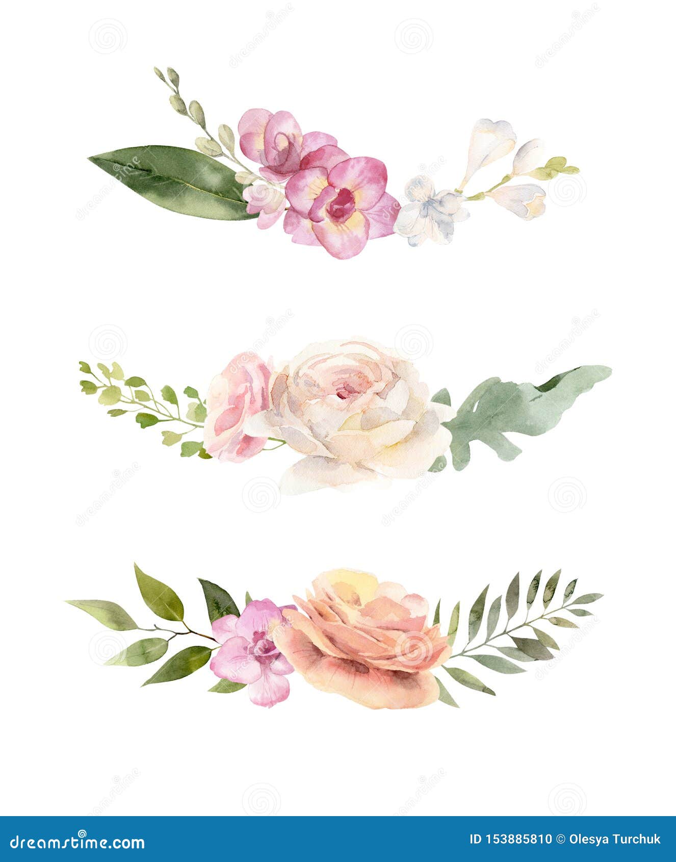 Download Three Bouquets Of Watercolor Flowers And Leaves Stock ...
