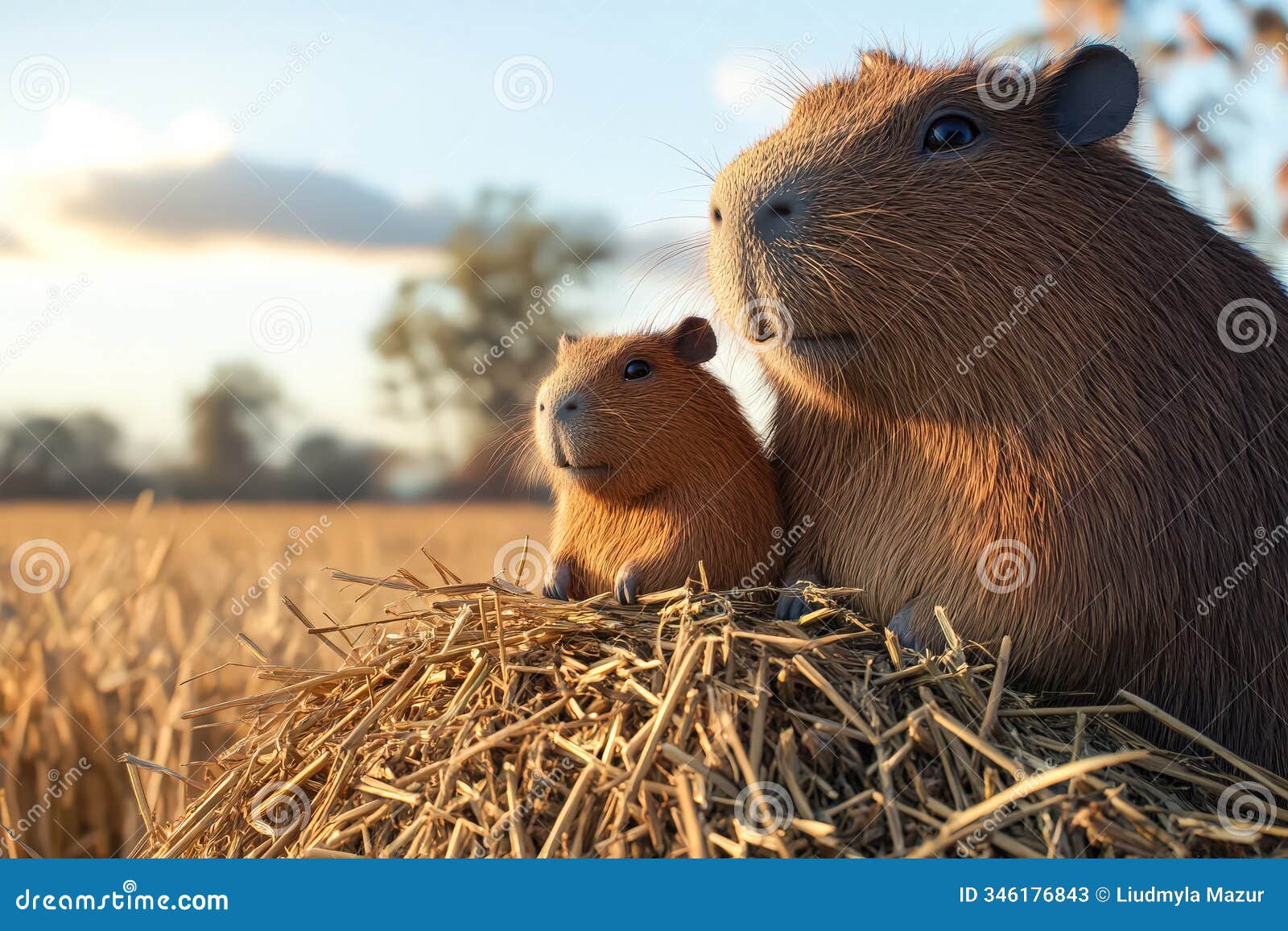 three brown capybaras are sitting in a hay-filled nest.