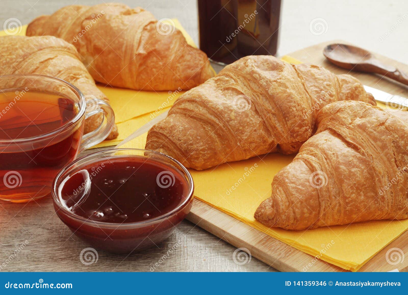 Croissants with Marmalade and Tea Stock Photo - Image of meal, knife ...