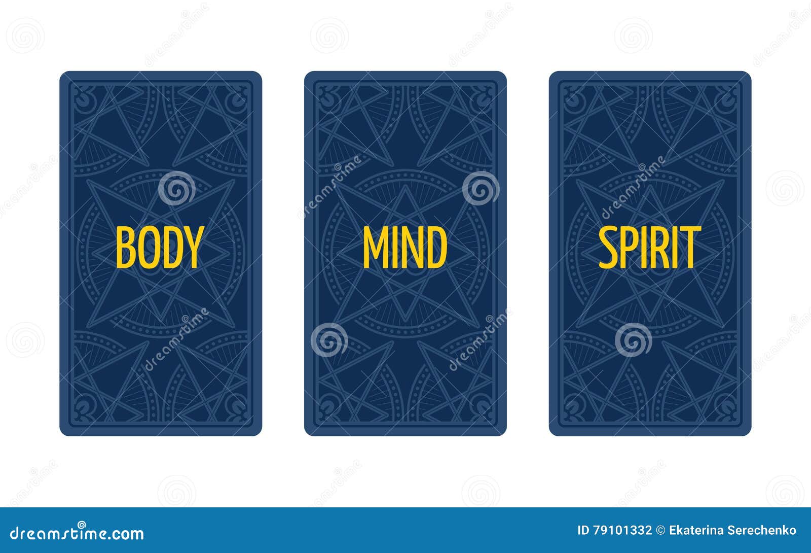Three Card Tarot Spread. Body, Mind and Spirit. Stock Vector