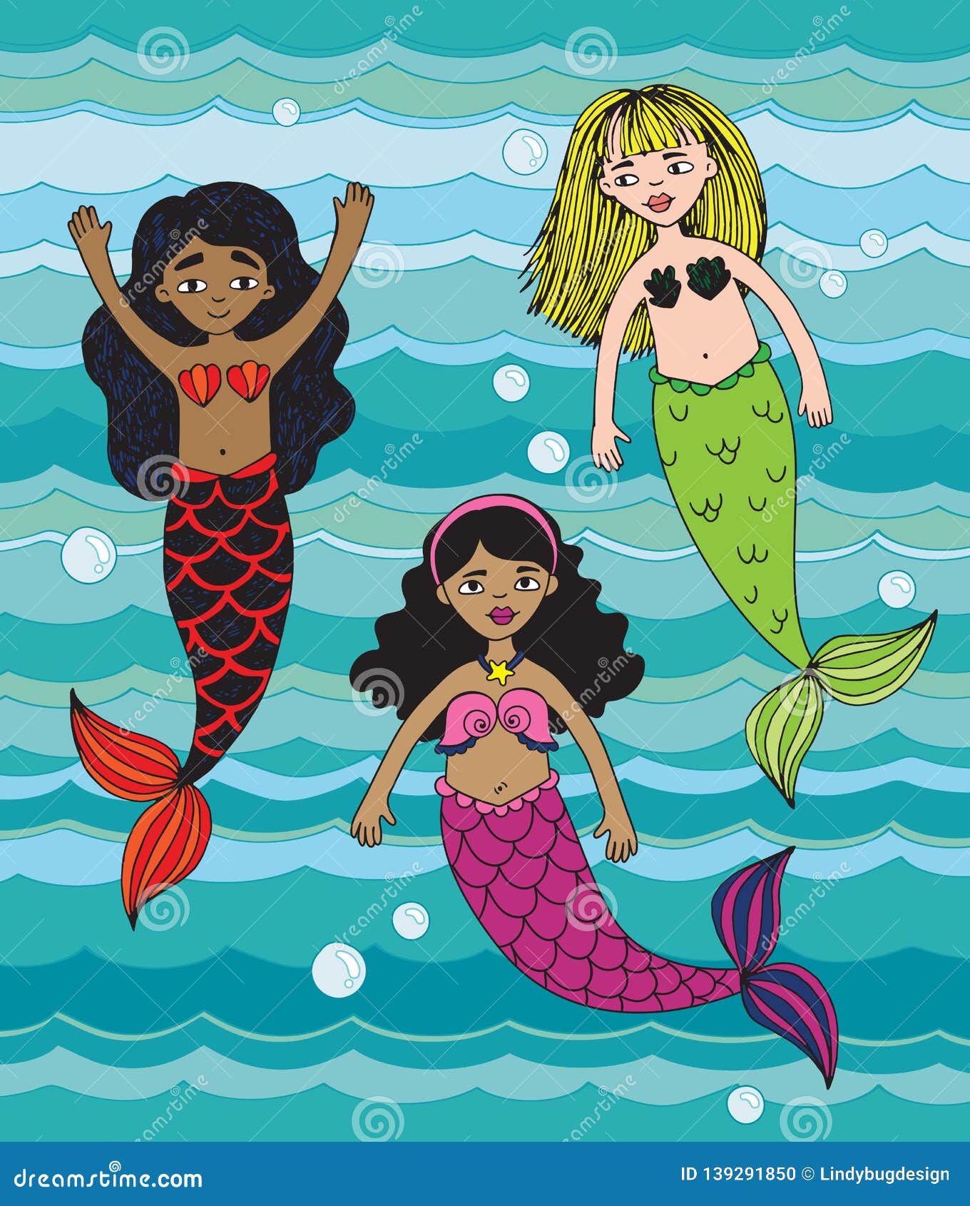 Three Cartoon Mermaids Drawn In A Sketchy Style Stock Vector