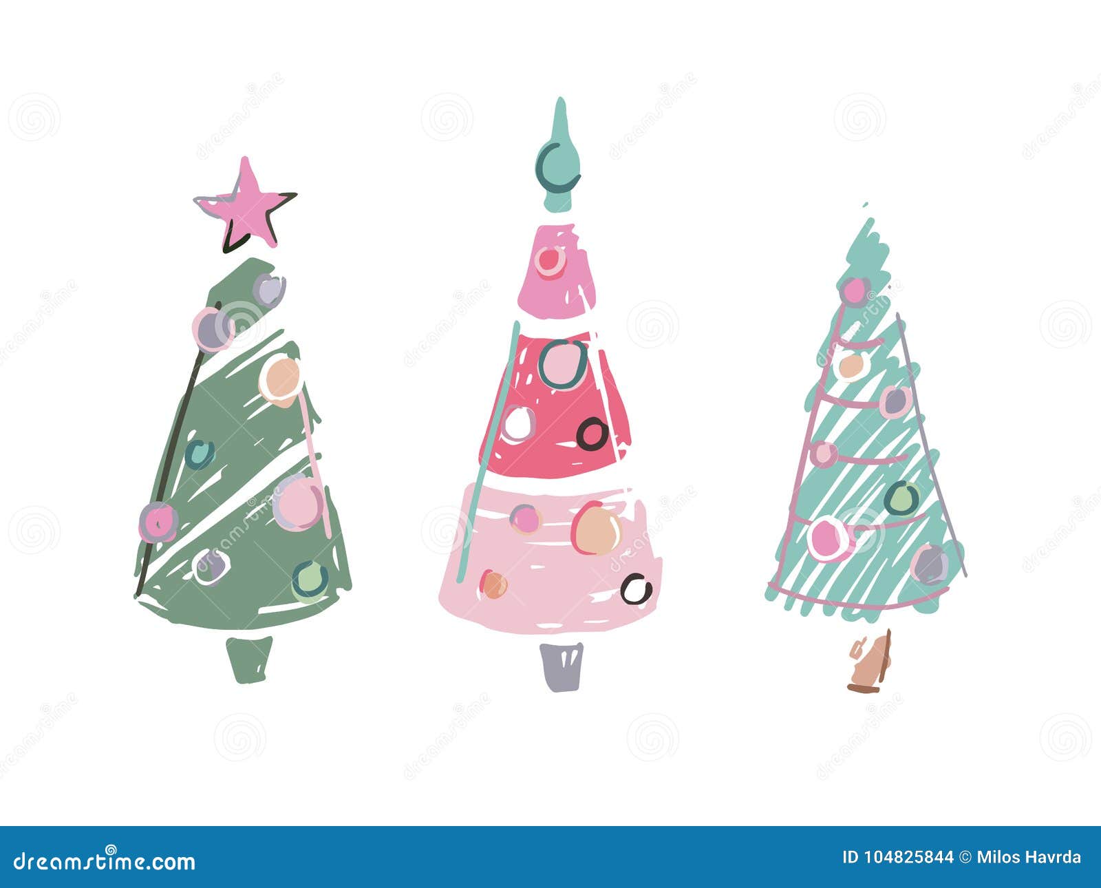 Three cartoon scribble colored christmas trees