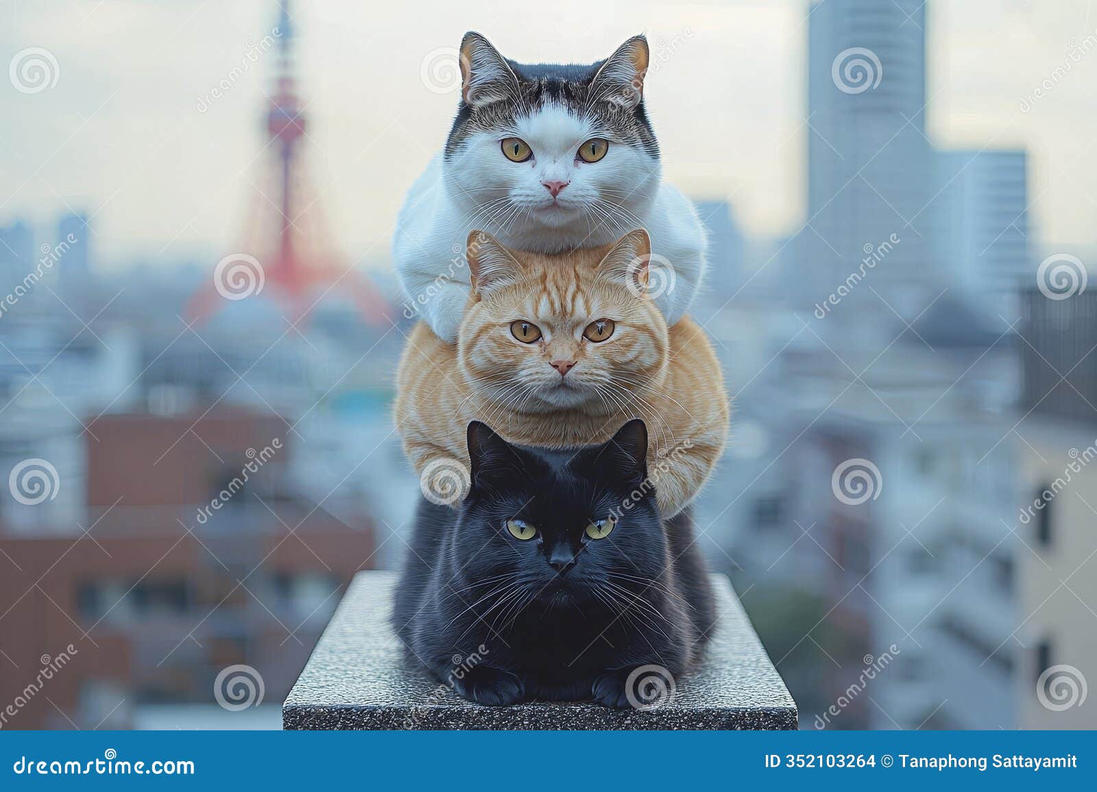 three cats stacked on a wall three chubby cats white orange and black are stacked on top of each other creating a funny and