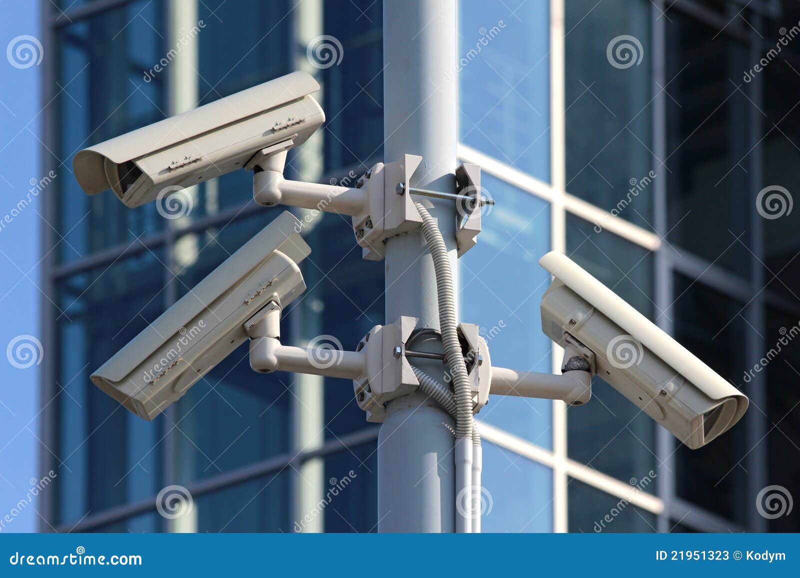 Three Cctv Security Cameras on the Street Pylon Stock Image Image of