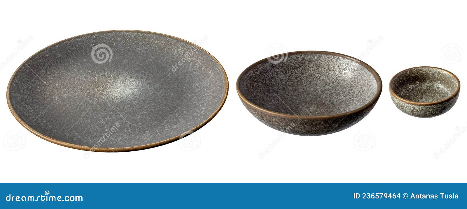 Side View of Three Ceramic Dishes on a White Background Stock Photo