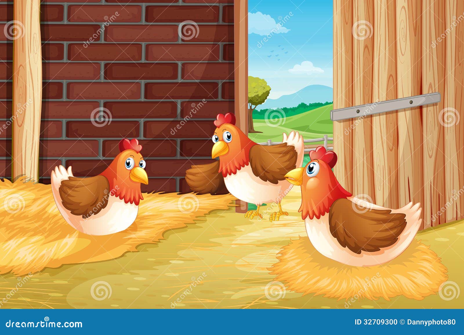 Chicken Nesting Laying Fresh Eggs, Farm And Farming Related Illustration In Bright Cartoon Style