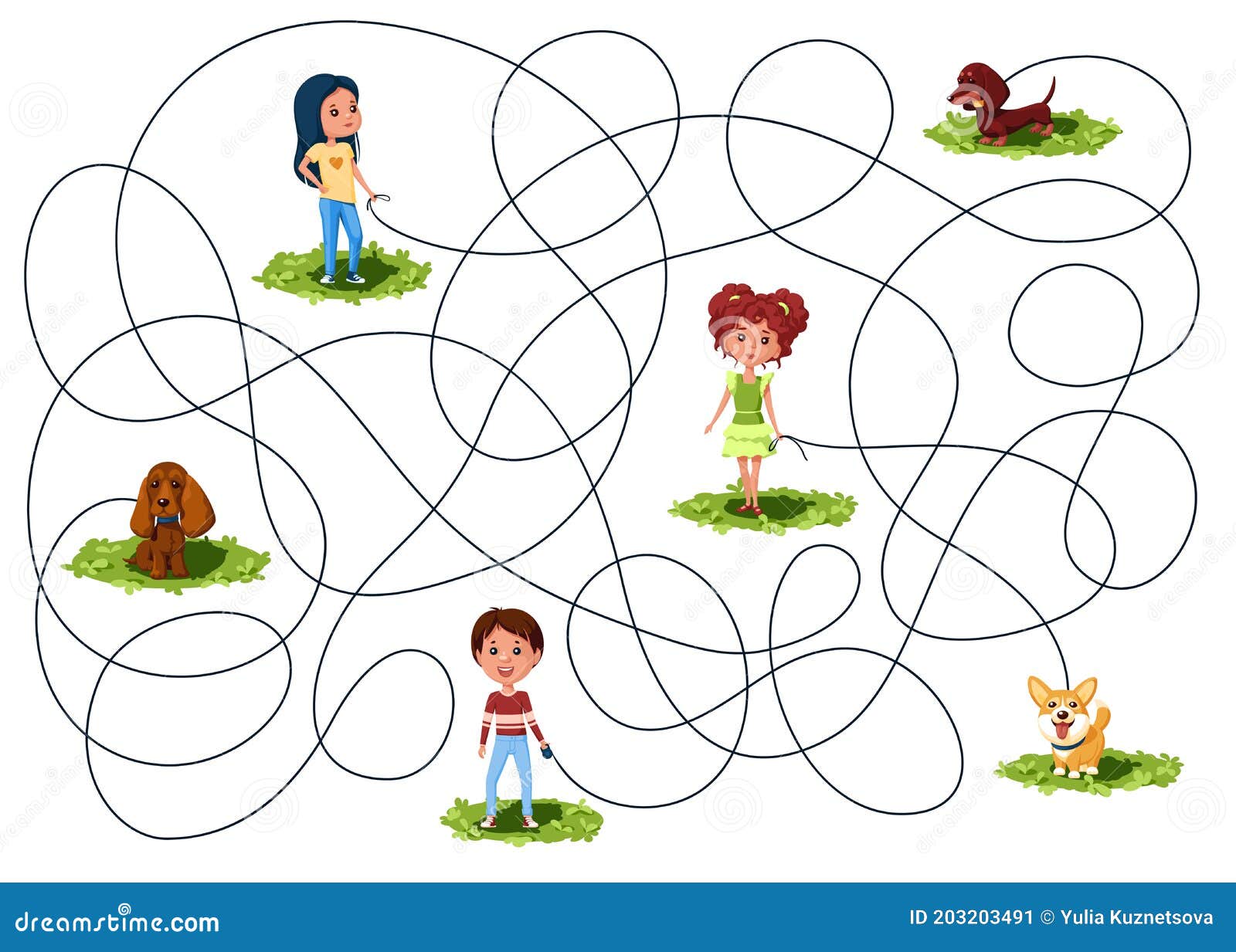 three children walk on the lawn the dogs on leashes. guess where is whose dog is? children`s picture puzzle