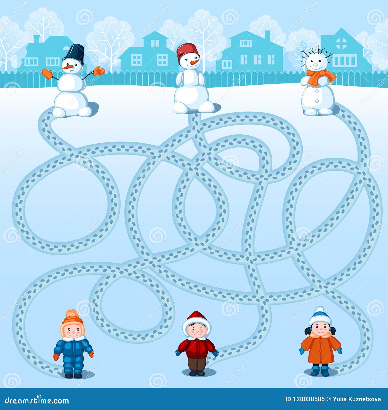three children in winter coats make three snowmen. find whose is where? picture with a riddle